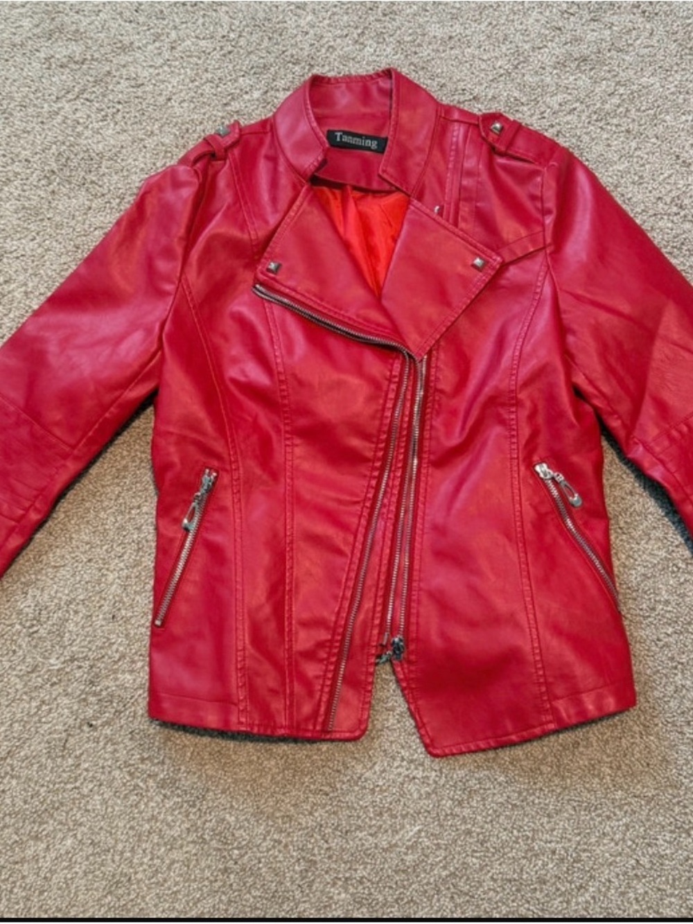 Red Faux Leather Moto Jacket for Women